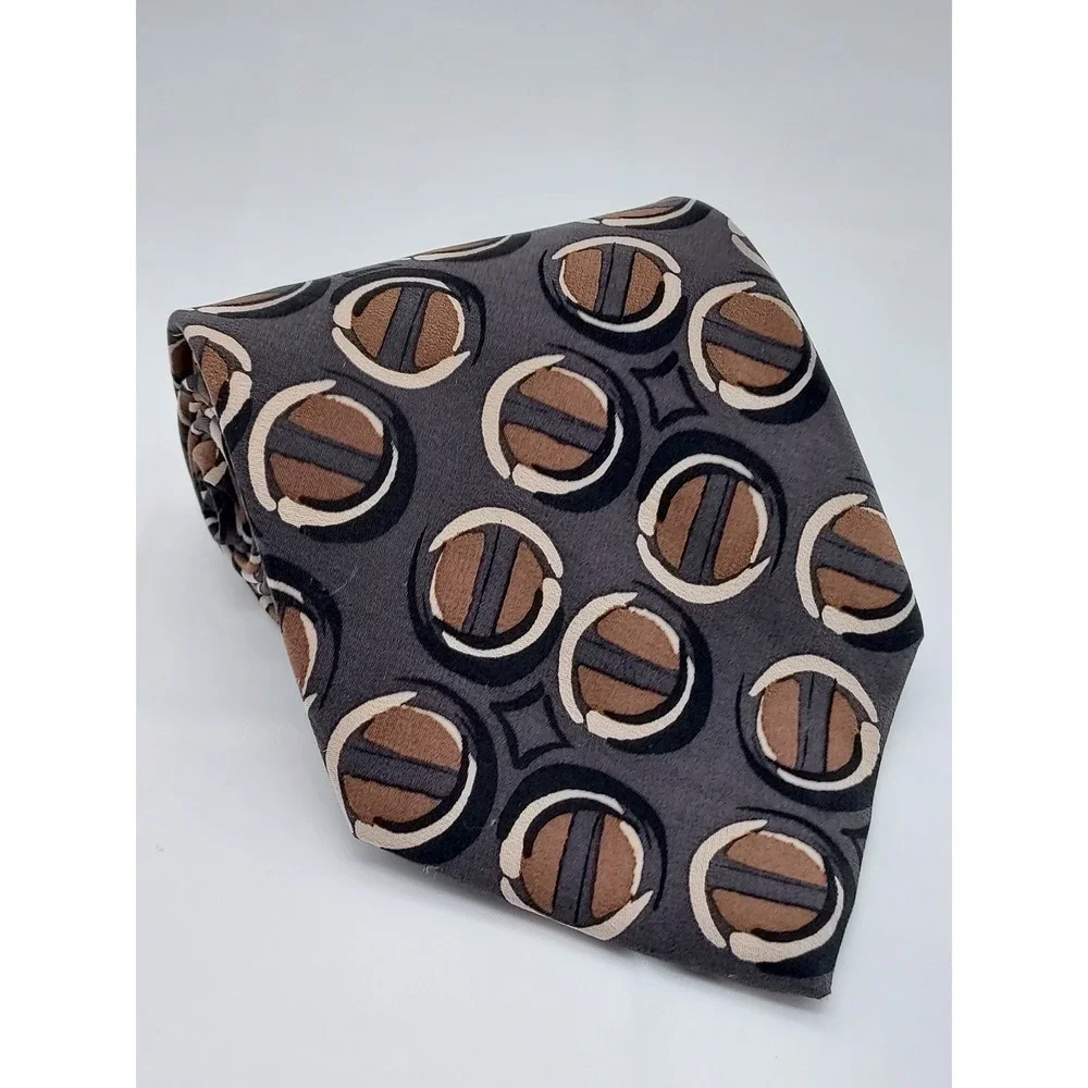 Men Silk Necktie Charcoal Grey Brown Cream Geometric Circle Abstract Pattern Tie